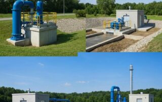 Diverse pump stations in a landscape illustrating sewage, wastewater, and stormwater management