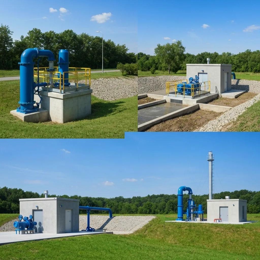 Diverse pump stations in a landscape illustrating sewage, wastewater, and stormwater management